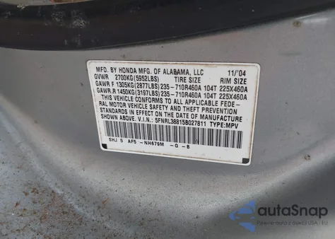 2005 Honda Odyssey Touring из США, поврежденный, VIN 5FNRL38815B027811